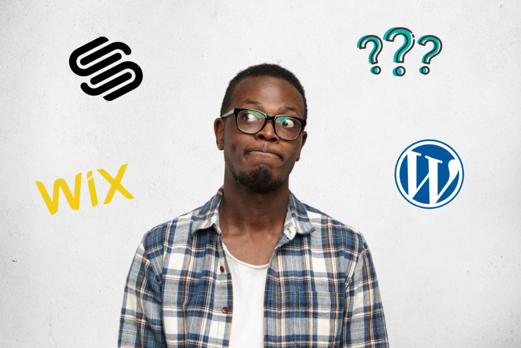 Man thinking between WordPress vs. Wix vs. Squarespace