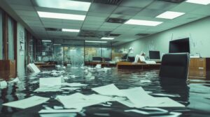 Business office flooded with paper all around